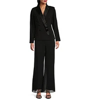 Alex Evenings Petite Size Satin Collar V-Neck Long Sleeve Crepe Tuxedo Blouse