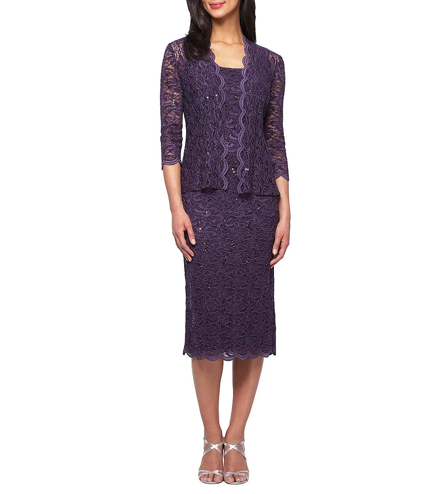 Alex Evenings Petite Size Scoop Neck 3/4 Sleeve Sequined Lace Tea-Length 2-Piece Jacket Dress