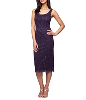 Alex Evenings Petite Size Scoop Neck 3/4 Sleeve Sequined Lace Tea-Length 2-Piece Jacket Dress