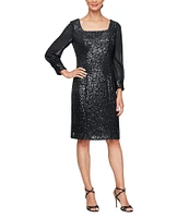 Alex Evenings Petite Size Sequin Square Neck 3/4 Illusion Sleeve Sheath Dress