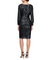 Alex Evenings Petite Size Sequin Square Neck 3/4 Illusion Sleeve Sheath Dress