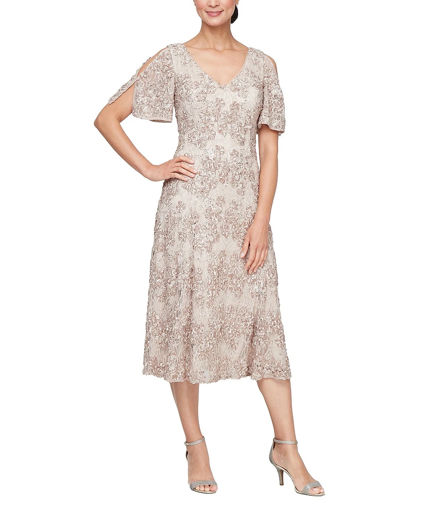 Alex Evenings Petite Size Short Sleeve V-Neck Soutache A-Line Midi Dress