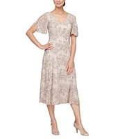 Alex Evenings Petite Size Short Sleeve V-Neck Soutache A-Line Midi Dress