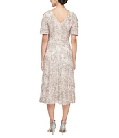 Alex Evenings Petite Size Short Sleeve V-Neck Soutache A-Line Midi Dress