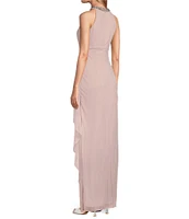 Alex Evenings Petite Size Sleeveless Beaded Halter Neck Cascade Ruffle Gown