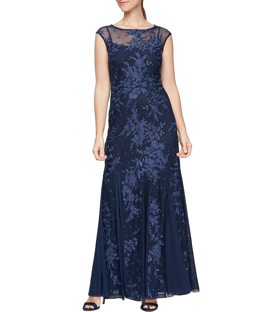 Alex Evenings Petite Size Cap Sleeves Illusion Boat Neck Godet Skirt Floral Embroidered Tulle Gown