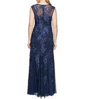 Alex Evenings Petite Size Cap Sleeves Illusion Boat Neck Godet Skirt Floral Embroidered Tulle Gown