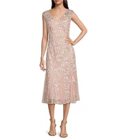 Alex Evenings Petite Size Cap Sleeve V-Neck Godet Skirt Embroidered Fit and Flare Midi Dress