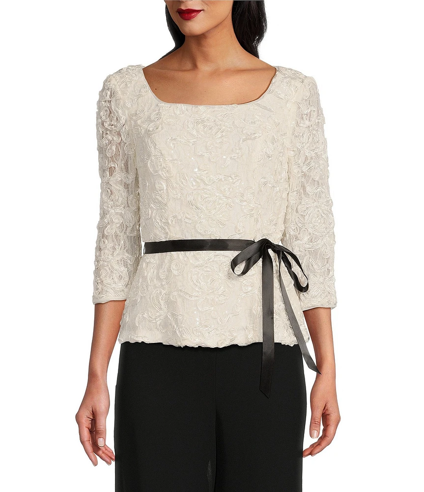 Alex Evenings Petite Size Square Neck 3/4 Sleeve Tie Sash Soutache Blouse