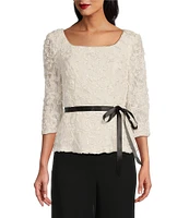 Alex Evenings Petite Size Square Neck 3/4 Sleeve Tie Sash Soutache Blouse