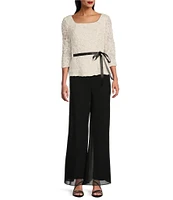 Alex Evenings Petite Size Square Neck 3/4 Sleeve Tie Sash Soutache Blouse