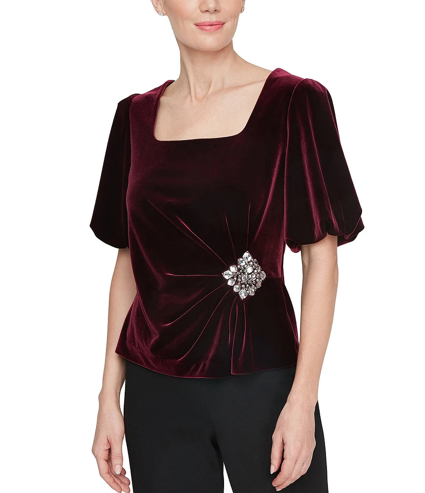 Alex Evenings Petite Size Square Neck Short Puff Sleeve Embellished Waist Stretch Velvet Top