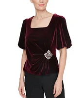 Alex Evenings Petite Size Square Neck Short Puff Sleeve Embellished Waist Stretch Velvet Top