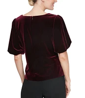 Alex Evenings Petite Size Square Neck Short Puff Sleeve Embellished Waist Stretch Velvet Top