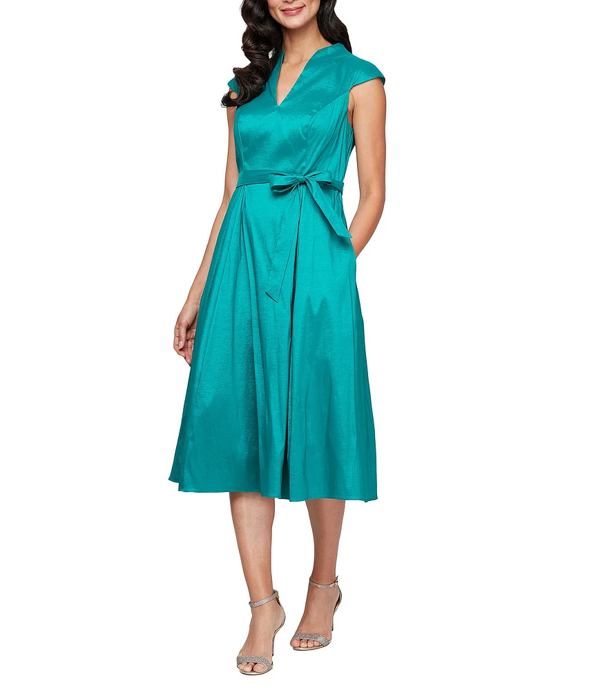 Alex Evenings Petite Size Stretch Taffeta V Neck Cap Sleeve Tie Sash A Line Midi Dress