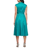 Alex Evenings Petite Size Stretch Taffeta V Neck Cap Sleeve Tie Sash A Line Midi Dress