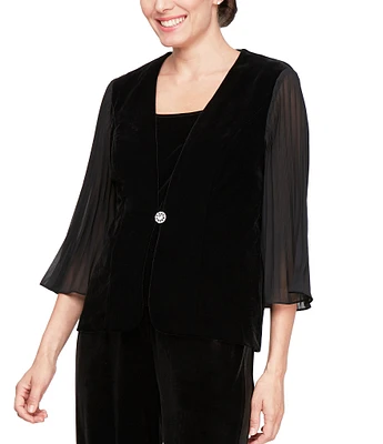 Alex Evenings Petite Size Stretch Velvet Scoop Neck 3/4 Pleated Sleeves 2-Piece Twinset