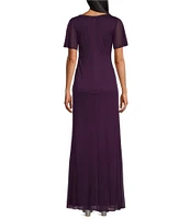 Alex Evenings Petite Size V-Neck Flutter Sleeve Hip Embellishment Cascade Skirt Sheath Dress