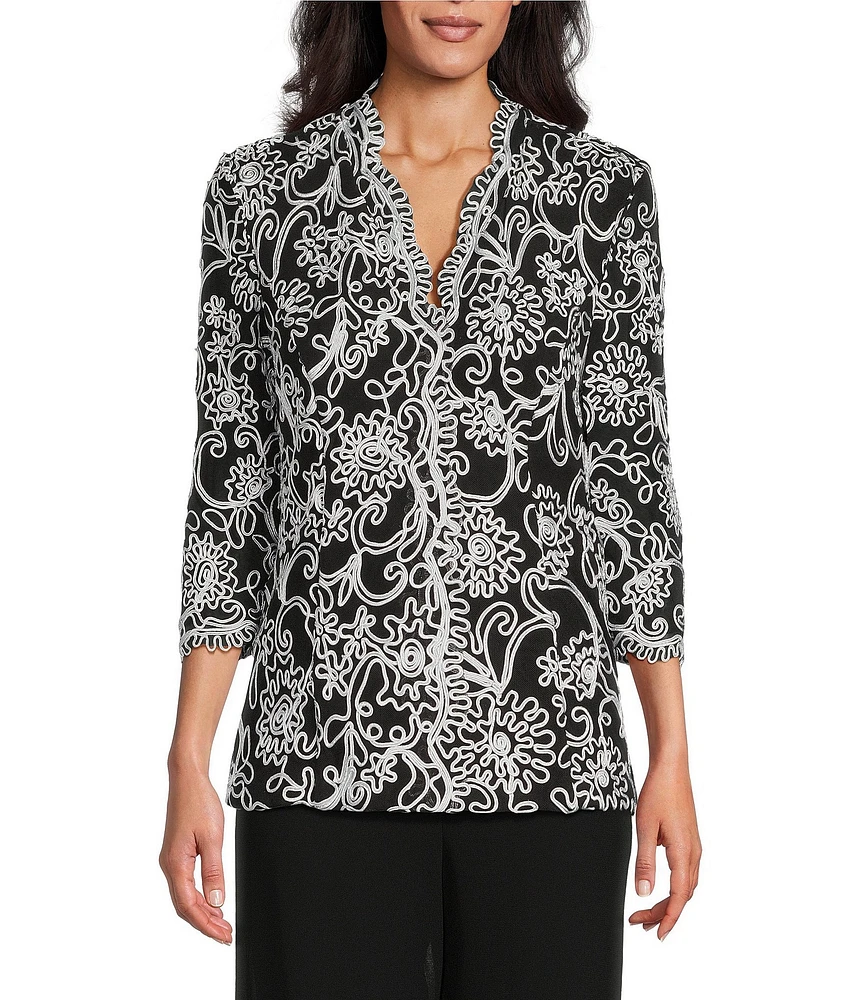 Alex Evenings Petite Size V-Neck Scalloped Lace Lined Embroidered Top