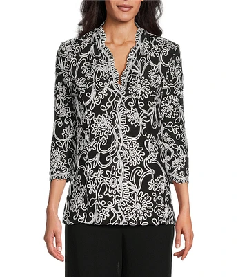 Alex Evenings Petite Size V-Neck Scalloped Lace Lined Embroidered Top