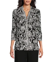 Alex Evenings Petite Size V-Neck Scalloped Lace Lined Embroidered Top