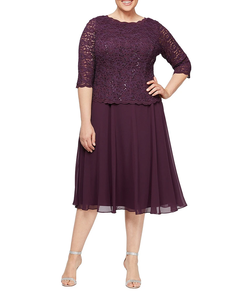 Alex Evenings Plus Size Sequin Lace 3/4 Illusion Sleeve Scallop Round Neck Bodice Chiffon Skirted Dress