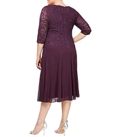 Alex Evenings Plus Size Sequin Lace 3/4 Illusion Sleeve Scallop Round Neck Bodice Chiffon Skirted Dress