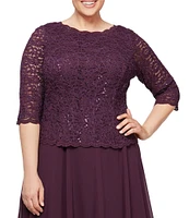 Alex Evenings Plus Size Sequin Lace 3/4 Illusion Sleeve Scallop Round Neck Bodice Chiffon Skirted Dress