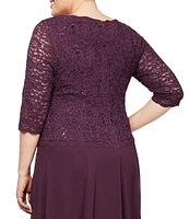 Alex Evenings Plus Size Sequin Lace 3/4 Illusion Sleeve Scallop Round Neck Bodice Chiffon Skirted Dress