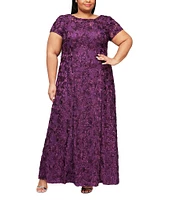 Alex Evenings Plus Size Crew Neck Floral Rosette Short Sleeve A-Line Gown