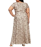 Alex Evenings Plus Size Crew Neck Floral Rosette Short Sleeve A-Line Gown