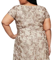 Alex Evenings Plus Size Crew Neck Floral Rosette Short Sleeve A-Line Gown