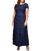 Alex Evenings Plus Size Crew Neck Floral Rosette Short Sleeve A-Line Gown