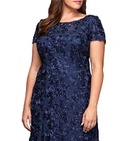 Alex Evenings Plus Size Crew Neck Floral Rosette Short Sleeve A-Line Gown