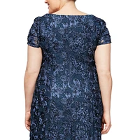 Alex Evenings Plus Size Crew Neck Floral Rosette Short Sleeve A-Line Gown