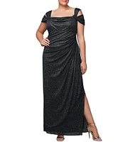 Alex Evenings Plus Size Cold Shoulder Cowl Neck Cap Sleeve Glitter Mesh Gown