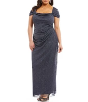 Alex Evenings Plus Size Cold Shoulder Cowl Neck Cap Sleeve Glitter Mesh Gown