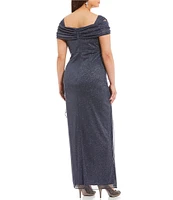 Alex Evenings Plus Size Cold Shoulder Cowl Neck Cap Sleeve Glitter Mesh Gown