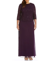 Alex Evenings Plus Size Crew Neck 3/4 Sleeve Sequin Lace Scalloped Hem Bodice Chiffon Skirted Dress