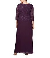 Alex Evenings Plus Size Crew Neck 3/4 Sleeve Sequin Lace Scalloped Hem Bodice Chiffon Skirted Dress