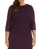 Alex Evenings Plus Size Crew Neck 3/4 Sleeve Sequin Lace Scalloped Hem Bodice Chiffon Skirted Dress