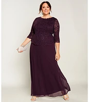 Alex Evenings Plus Size Crew Neck 3/4 Sleeve Sequin Lace Scalloped Hem Bodice Chiffon Skirted Dress