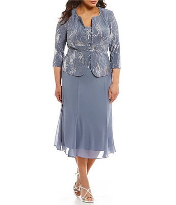 Alex Evenings Plus Size Crew Neck 3/4 Sleeve T-Length Sequin Jacket Dress