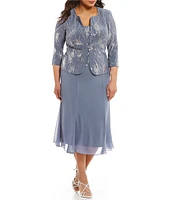 Alex Evenings Plus Size Crew Neck 3/4 Sleeve T-Length Sequin Jacket Dress