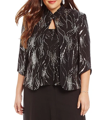 Alex Evenings Plus Size Sequin Mandarin Collar 3/4 Sleeve Twinset