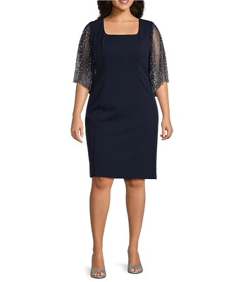 Alex Evenings Plus Size 3/4 Beaded Illusion Sleeve Sheath Dress