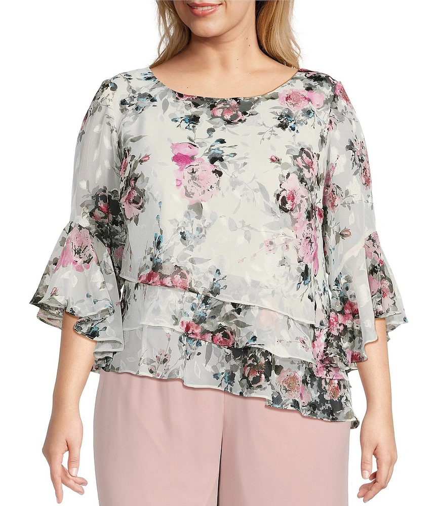 Alex Evenings Plus Size 3/4 Bell Sleeve Crew Neck Triple Tier Asymmetrical Hem Floral Chiffon Blouse