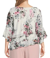 Alex Evenings Plus Size 3/4 Bell Sleeve Crew Neck Triple Tier Asymmetrical Hem Floral Chiffon Blouse