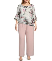 Alex Evenings Plus Size 3/4 Bell Sleeve Crew Neck Triple Tier Asymmetrical Hem Floral Chiffon Blouse