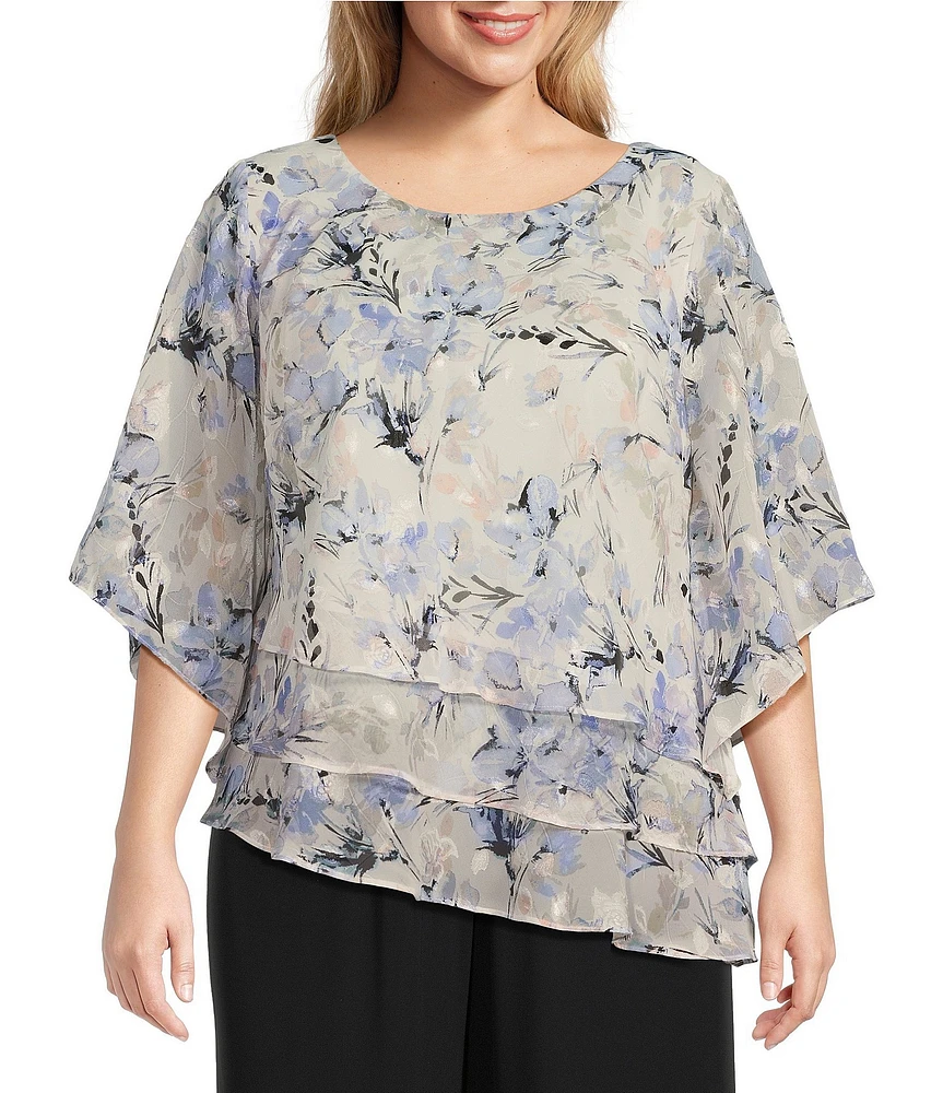 Alex Evenings Plus Size 3/4 Sleeve Boat Neck Asymmetrical Triple Tier Floral Chiffon Blouse